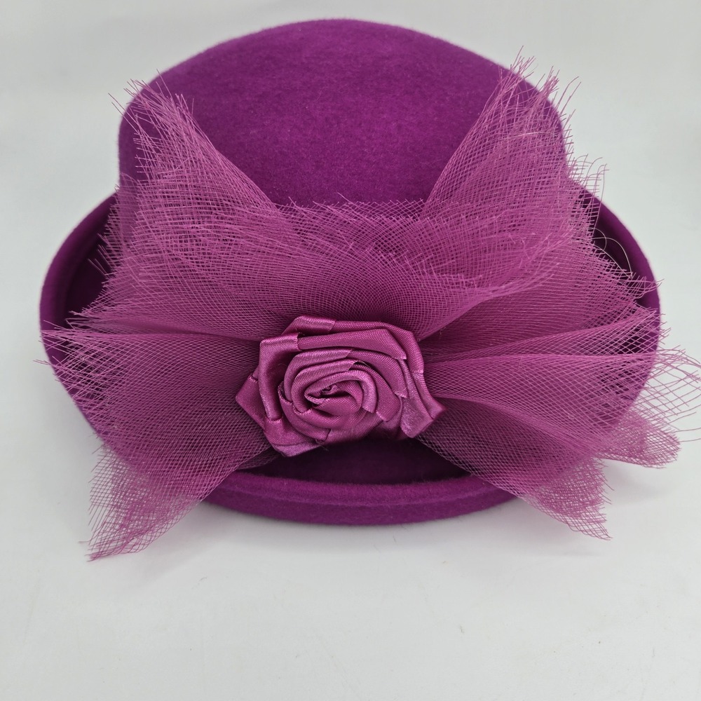 Vintage 100% Wool Magenta Pink Hat Satin Rose Tulle Derby Polo Chic Retro
